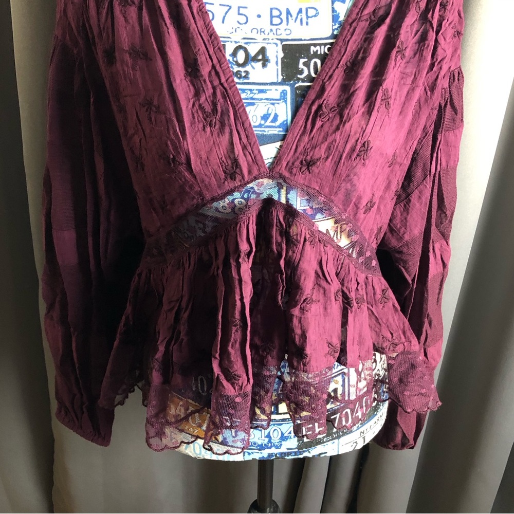 Free People Boho Hippy Floral Embroidered Sheer Paneling Long Sleeve Blouse - Picture 2 of 12